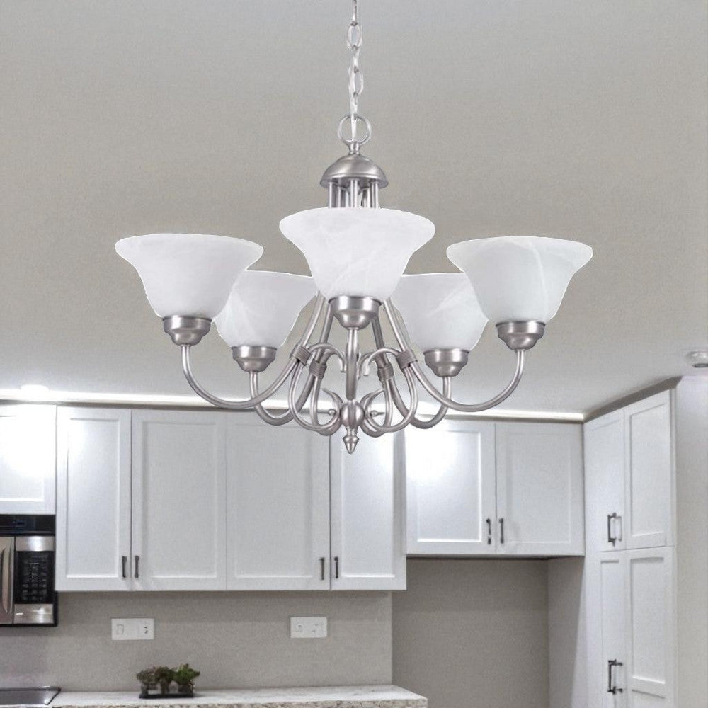 Sunset Lighting F6345-53 Chandelier with Faux Alabaster Glass, Satin Nickel Finish