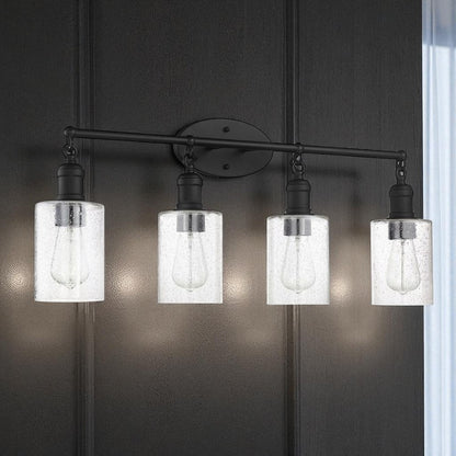 Sunset Lighting F6874-31 Clyde 4-Light Vanity, Steel Round Glass Clear Seedy with Matte Black Finish