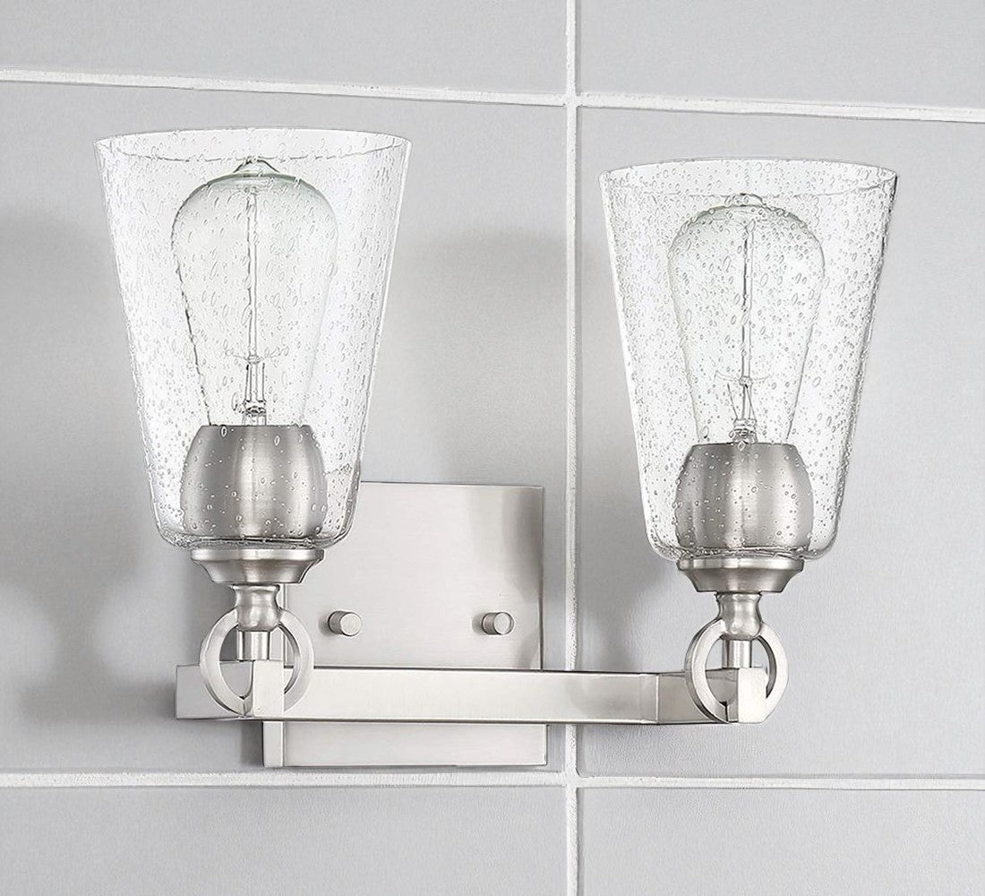 Sunset Lighting Arden 2-Light Vanity, Clear Seedy Steel Round Glass Bright Satin Nickel Finish - F7222-80