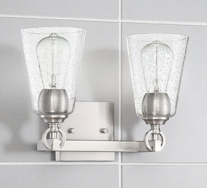 Sunset Lighting Arden 2-Light Vanity, Clear Seedy Steel Round Glass Bright Satin Nickel Finish - F7222-80