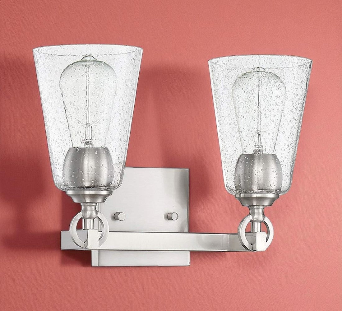 Sunset Lighting Arden 2-Light Vanity, Clear Seedy Steel Round Glass Bright Satin Nickel Finish - F7222-80