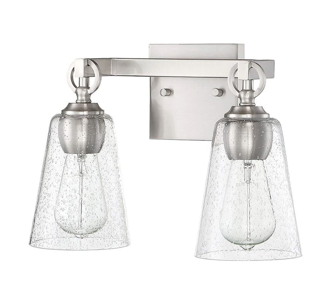 Sunset Lighting Arden 2-Light Vanity, Clear Seedy Steel Round Glass Bright Satin Nickel Finish - F7222-80