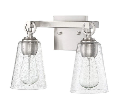 Sunset Lighting Arden 2-Light Vanity, Clear Seedy Steel Round Glass Bright Satin Nickel Finish - F7222-80