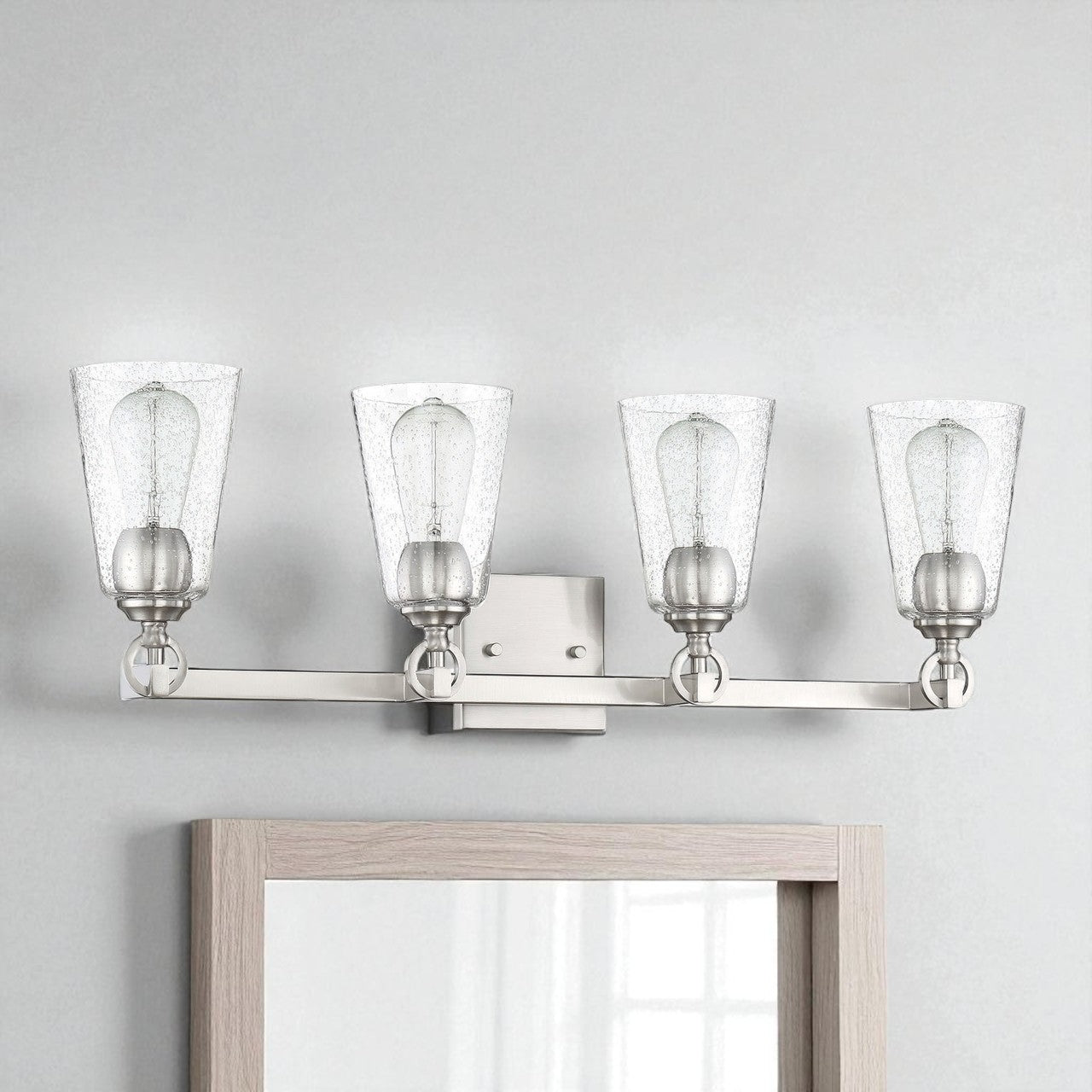 Sunset Lighting Arden 4-Light Vanity 100W Clear Seedy Steel Round Glass w/ Bright Satin Nickel Finish F7224-80