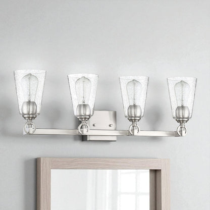 Sunset Lighting Arden 4-Light Vanity 100W Clear Seedy Steel Round Glass w/ Bright Satin Nickel Finish F7224-80