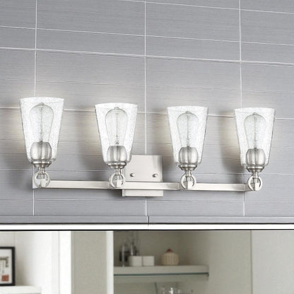 Sunset Lighting Arden 4-Light Vanity 100W Clear Seedy Steel Round Glass w/ Bright Satin Nickel Finish F7224-80