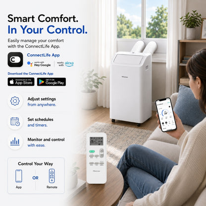 Hisense 8,000 BTU DOE/SACC (10,000 ASHRAE) Portable Air Conditioner w/ Dual Hose & Inverter, 350 Sq Ft, Wi-Fi, ConnectLife App for Google & Alexa, Remote, 3x modes, Noise 42 dB(A) - HAP0824TWD