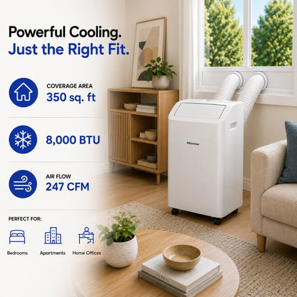 Hisense 8,000 BTU DOE/SACC (10,000 ASHRAE) Portable Air Conditioner w/ Dual Hose & Inverter, 350 Sq Ft, Wi-Fi, ConnectLife App for Google & Alexa, Remote, 3x modes, Noise 42 dB(A) - HAP0824TWD