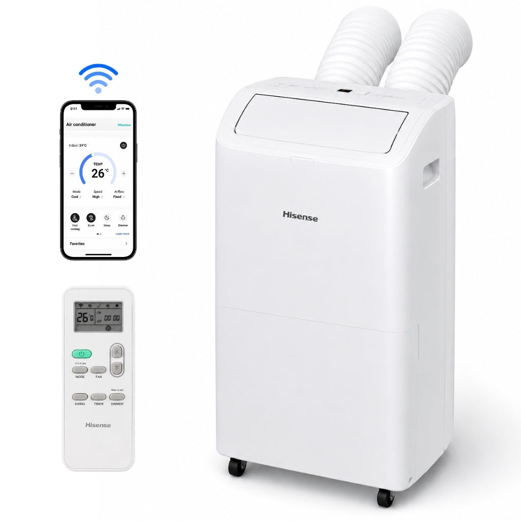 Hisense 8,000 BTU DOE/SACC (10,000 ASHRAE) 350 Sq Ft Dual Hose Smart Portable Air Conditioner with Inverter & Wi-Fi, 3-in-1 Cool, Dehumidify, and Fan Functions, 42 dB(A), Remote Control, Window Kit - HAP0825TWD