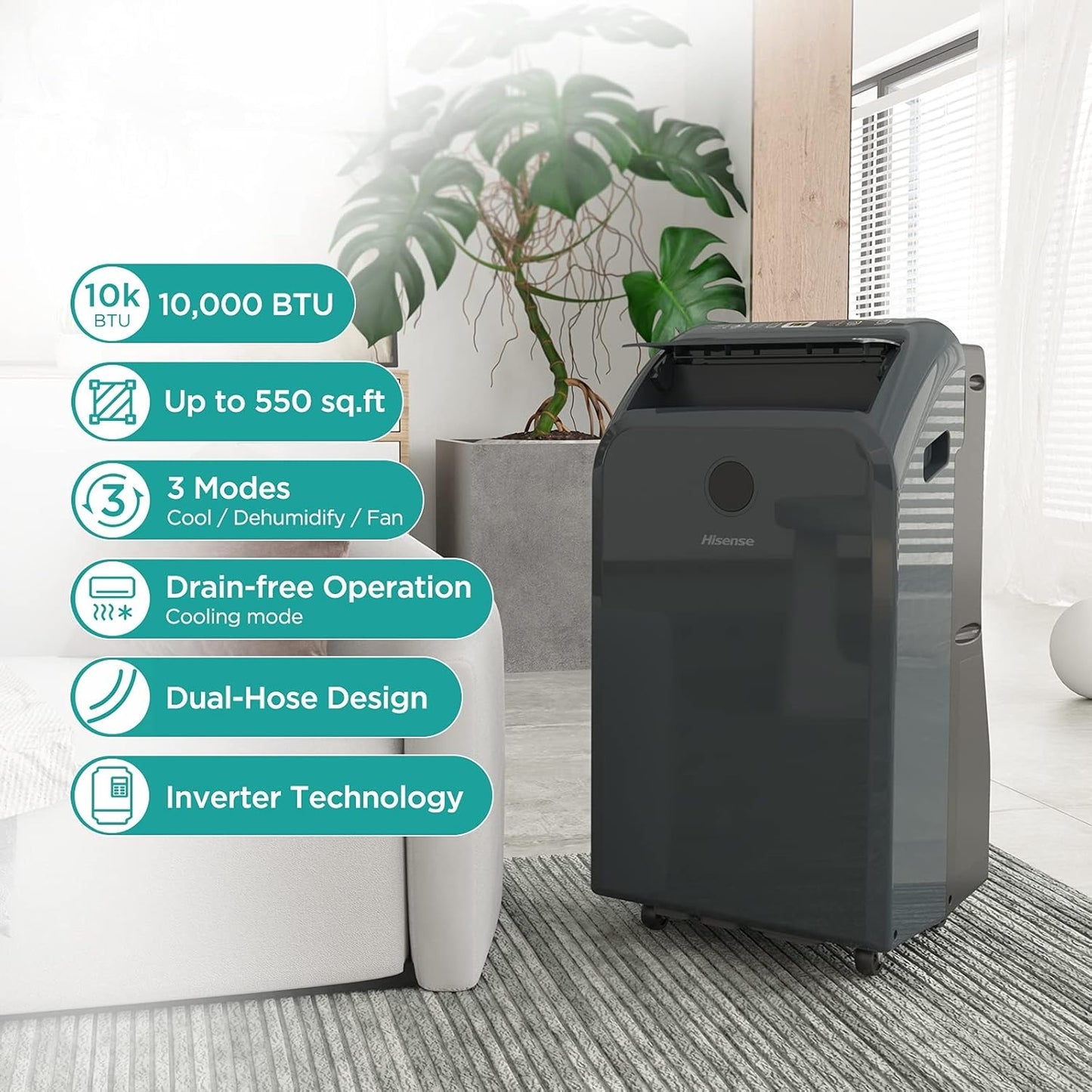 Hisense 10,000-BTU DOE Grey Vented Portable AC 115v w/ Remote Cools 550-sq ft AP1021TR1GD