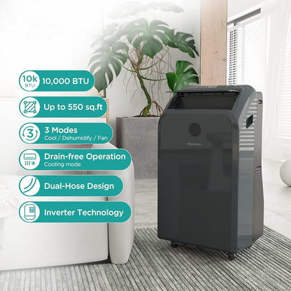 Hisense 10,000-BTU DOE Grey Vented Portable AC 115v w/ Remote Cools 550-sq ft AP1021TR1GD