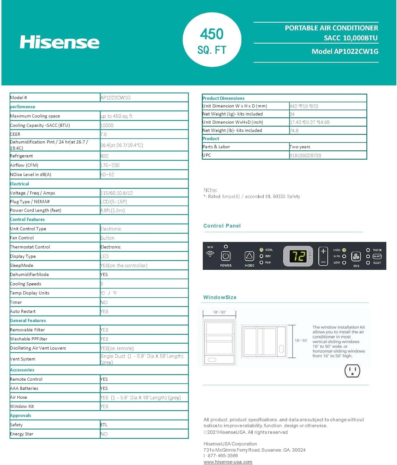 Hisense 3-in-1 Portable Smart Air Conditioner Grey WiFi 10,000-BTU 450-sq. ft. AP1022CW1G