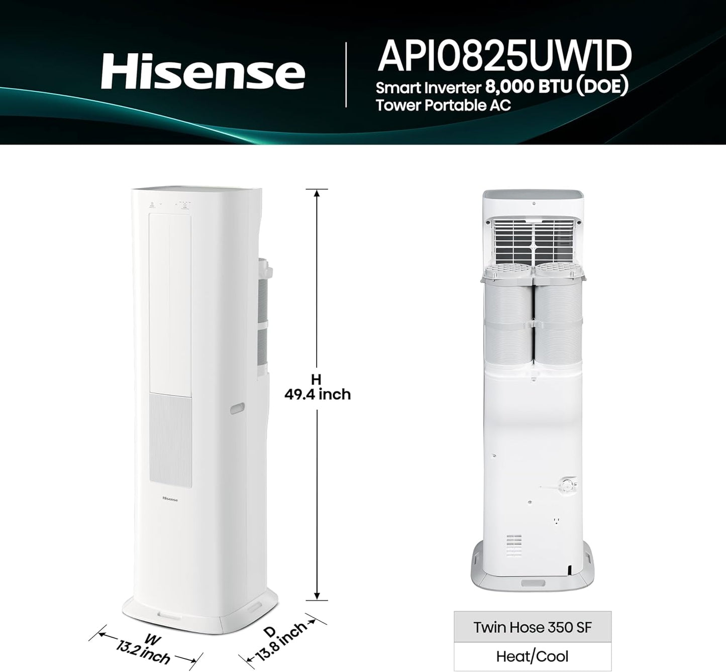 Hisense 8,000 BTU SACC Inverter Portable AC Smart with Heat Pump- Dual Hose Tower API0825UW1D