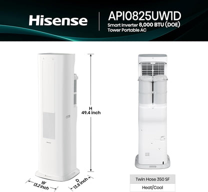 Hisense 8,000 BTU SACC Inverter Portable AC Smart with Heat Pump- Dual Hose Tower API0825UW1D