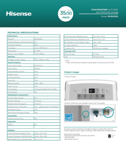 Hisense DH5020K 3-Speed Dehumidifier 35-Pint Capacity, 3000 sq. ft. coverage, Bucket Full Indicator Avoids Overflows