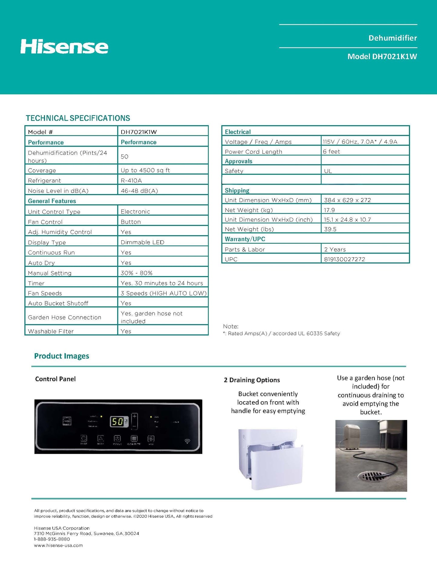 Hisense Energy Star 50 Pint 3-Speeds Dehumidifier up to 4500 sq ft - DH7021K1W, 3 Modes/3 Fan Speed