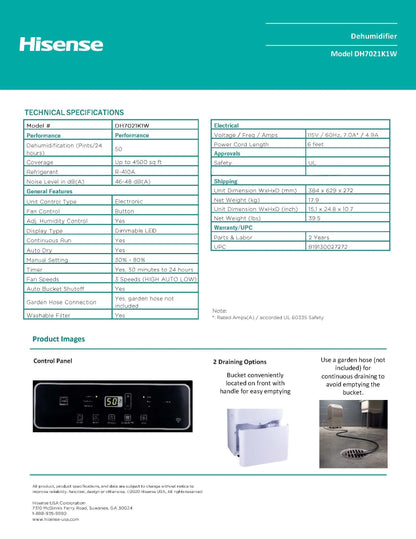 Hisense Energy Star 50 Pint 3-Speeds Dehumidifier up to 4500 sq ft - DH7021K1W, 3 Modes/3 Fan Speed