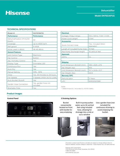 Restored Hisense 50-Pint 3-Speed Built-in Pump Dehumidifier DH7021KP1G, Covers an area up to 4,500 sq ft 115v