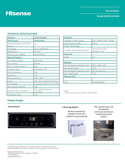 Hisense ConnectLife Smart Control 50-Pint 3-Speeds Dehumidifier - Up to 4500 sq.ft, Noise 46 dB - DH7021W1WG