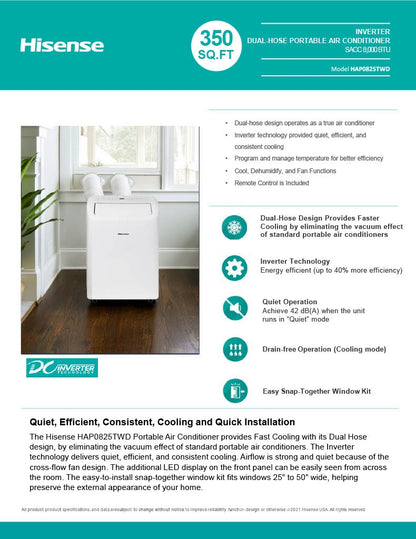 Hisense 8,000 BTU DOE/SACC (10,000 ASHRAE) 350 Sq Ft Dual Hose Portable Air Conditioner with Inverter & Wi-Fi, 3-in-1 Cool, Dehumidify, and Fan Functions, 42 dB(A), Remote Control, Window Kit - HAP0825TWD
