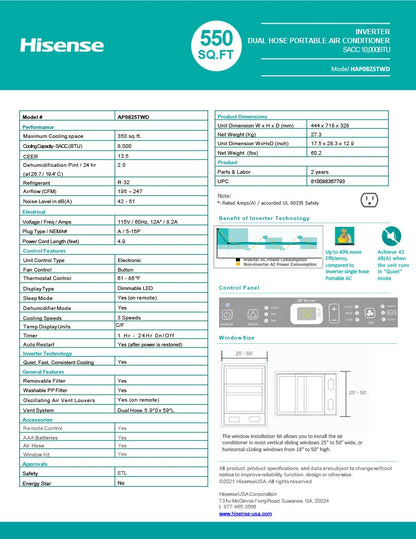 Hisense 8,000 BTU DOE/SACC (10,000 ASHRAE) 350 Sq Ft Dual Hose Smart Portable Air Conditioner with Inverter & Wi-Fi, 3-in-1 Cool, Dehumidify, and Fan Functions, 42 dB(A), Remote Control, Window Kit - HAP0825TWD