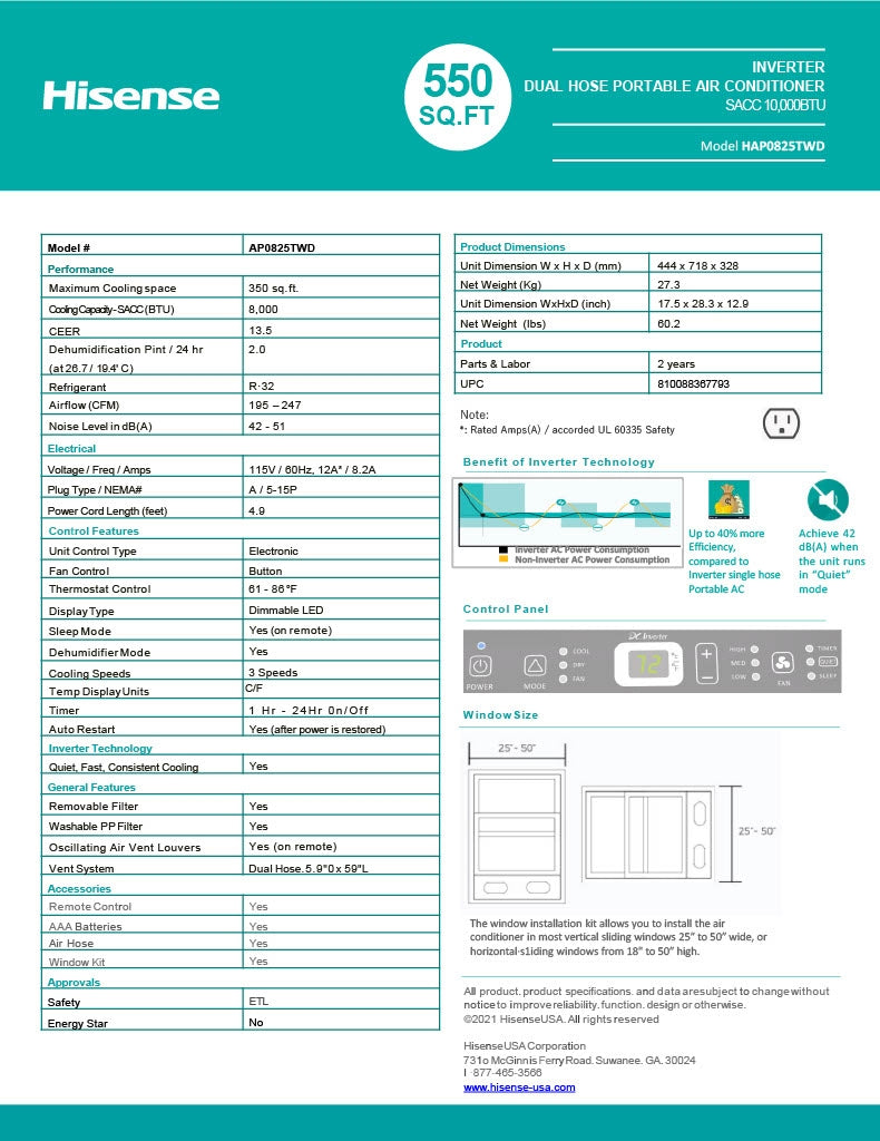 Hisense 8,000 BTU DOE/SACC (10,000 ASHRAE) 350 Sq Ft Dual Hose Portable Air Conditioner with Inverter & Wi-Fi, 3-in-1 Cool, Dehumidify, and Fan Functions, 42 dB(A), Remote Control, Window Kit - HAP0825TWD