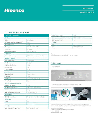 Hisense 50-Pint 3-Speed (HIGH AUTO LOW) Dehumidifier with Built-In Pump, 46-48 dB(A) Noise Level, 24-hour On/Off Timer HT5021KP