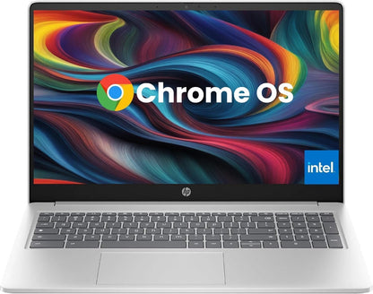 HP Chromebook 15a-nb0013dx Laptop for Student and Business, 15.6'' HD Display, Intel Processor N200, 8GB DDR5 RAM, 64GB eMMC, Up to 10H Long Battery Life, Chrome OS, Natural Silver