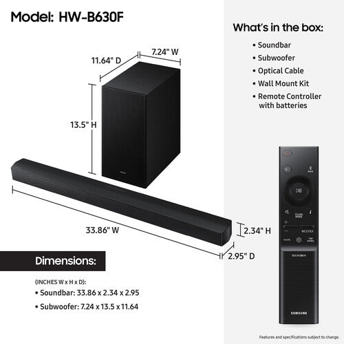 Samsung B-Series Soundbar HW-B630F 3.1 ch DTS Virtual:X Soundbar with Subwoofer (2025 Model) One Remote Control, Voice Enhance Mode, Adaptive Sound