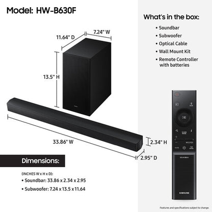 Samsung B-Series Soundbar HW-B630F 3.1 ch DTS Virtual:X Soundbar with Subwoofer (2025 Model) One Remote Control, Voice Enhance Mode, Adaptive Sound