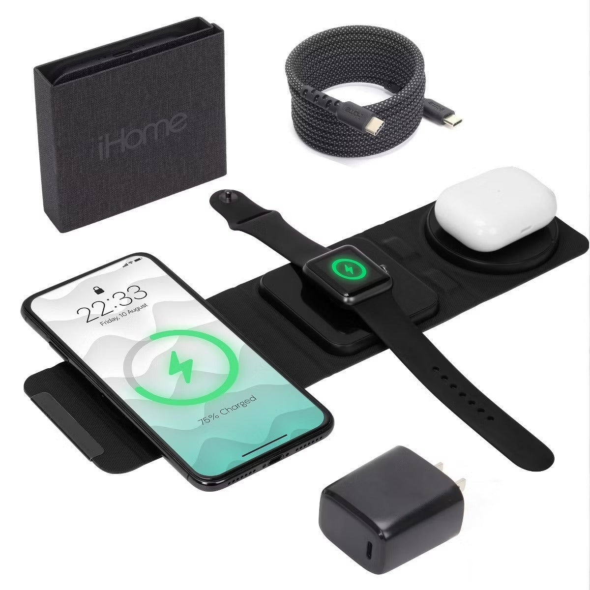 iHome 3-in-1 Foldable Wireless Charging Pad with USB-C Wall Charger and USB-C to A Cable 2IHQI2233D0L2