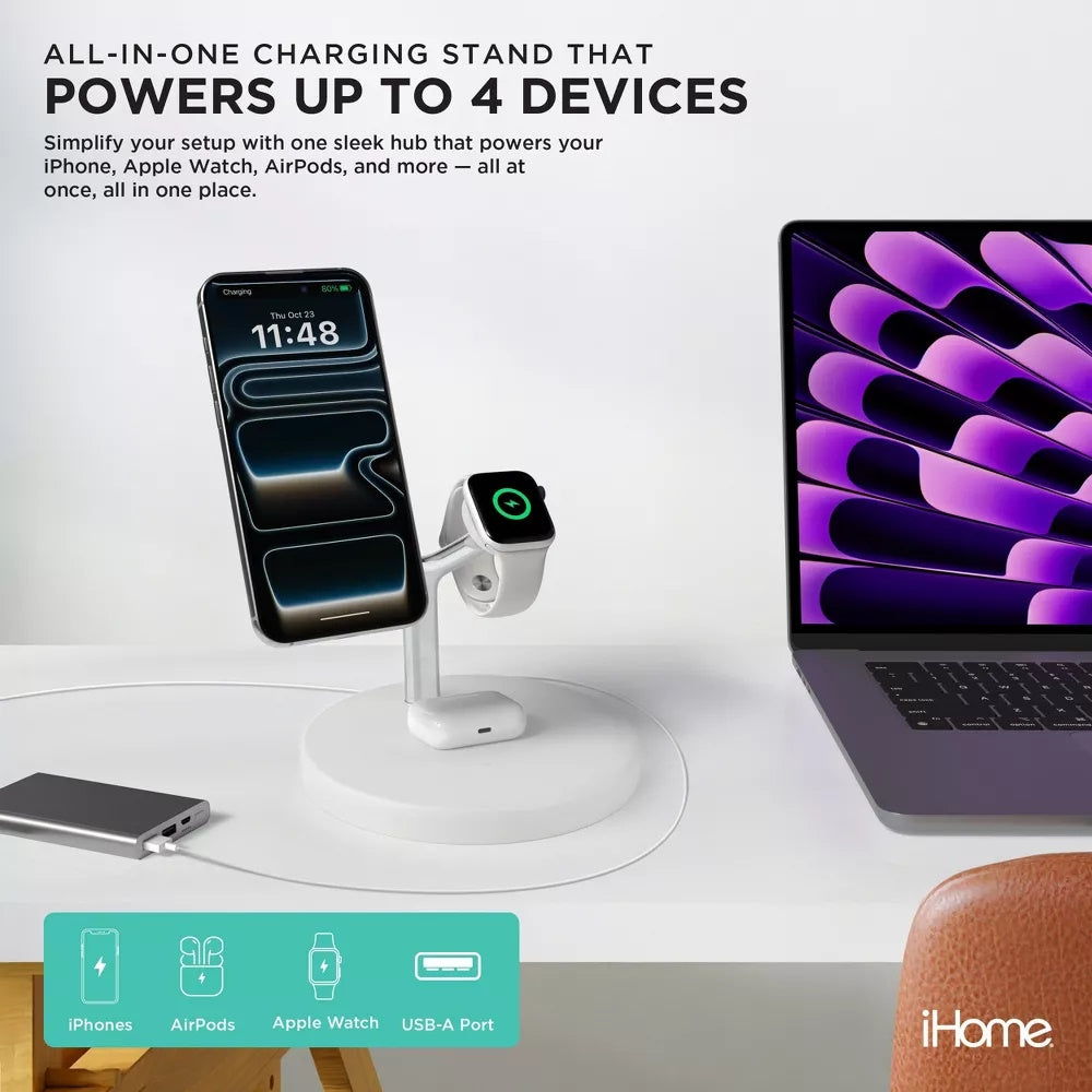 iHome 4-in-1 15W Magnetic Wireless Charging Stand - White - Fast charging for all of your Apple devices 2IHQI1009WHTCB