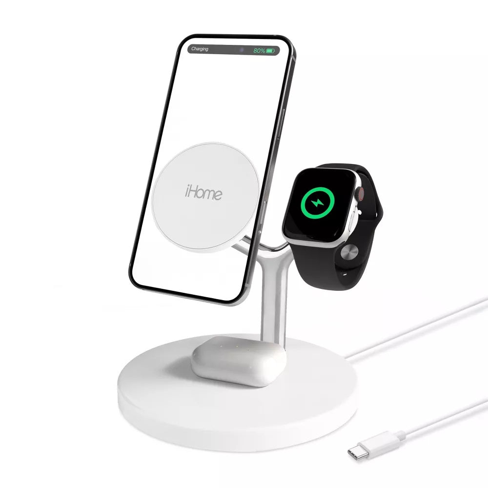 iHome 4-in-1 15W Magnetic Wireless Charging Stand - White - Fast charging for all of your Apple devices 2IHQI1009WHTCB