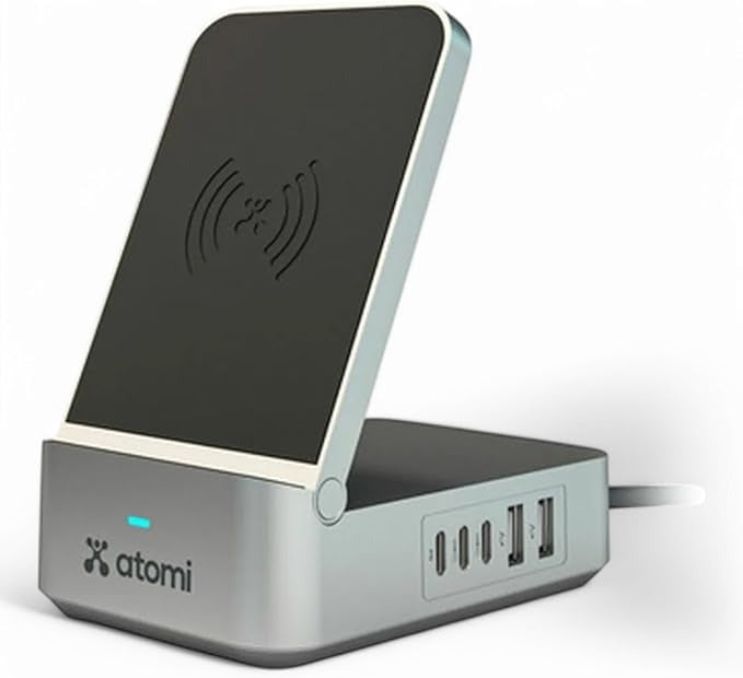 Atomi 55W Multi port charging station Qi - 20W PD port, dual USB-C ports, and dual smart USB-A ports, Supported for charging your Smartphones, Earphones, or Smart watches simultaneously -  AT1705-55W