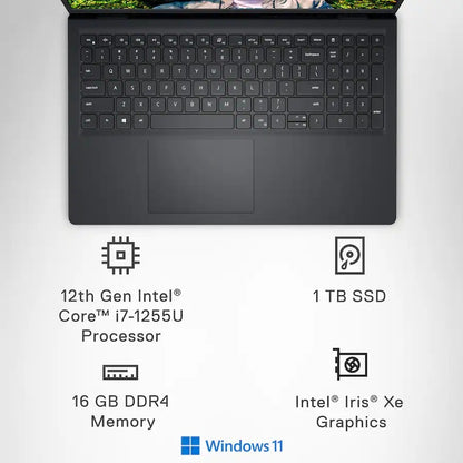 Dell Inspiron 15 15.6" 2K Touchscreen Laptop Intel Core i7 1255U 16GB 1TB - Carbon Black, Anti-glare, Up to 9 hrs battery I3520-7896BLK