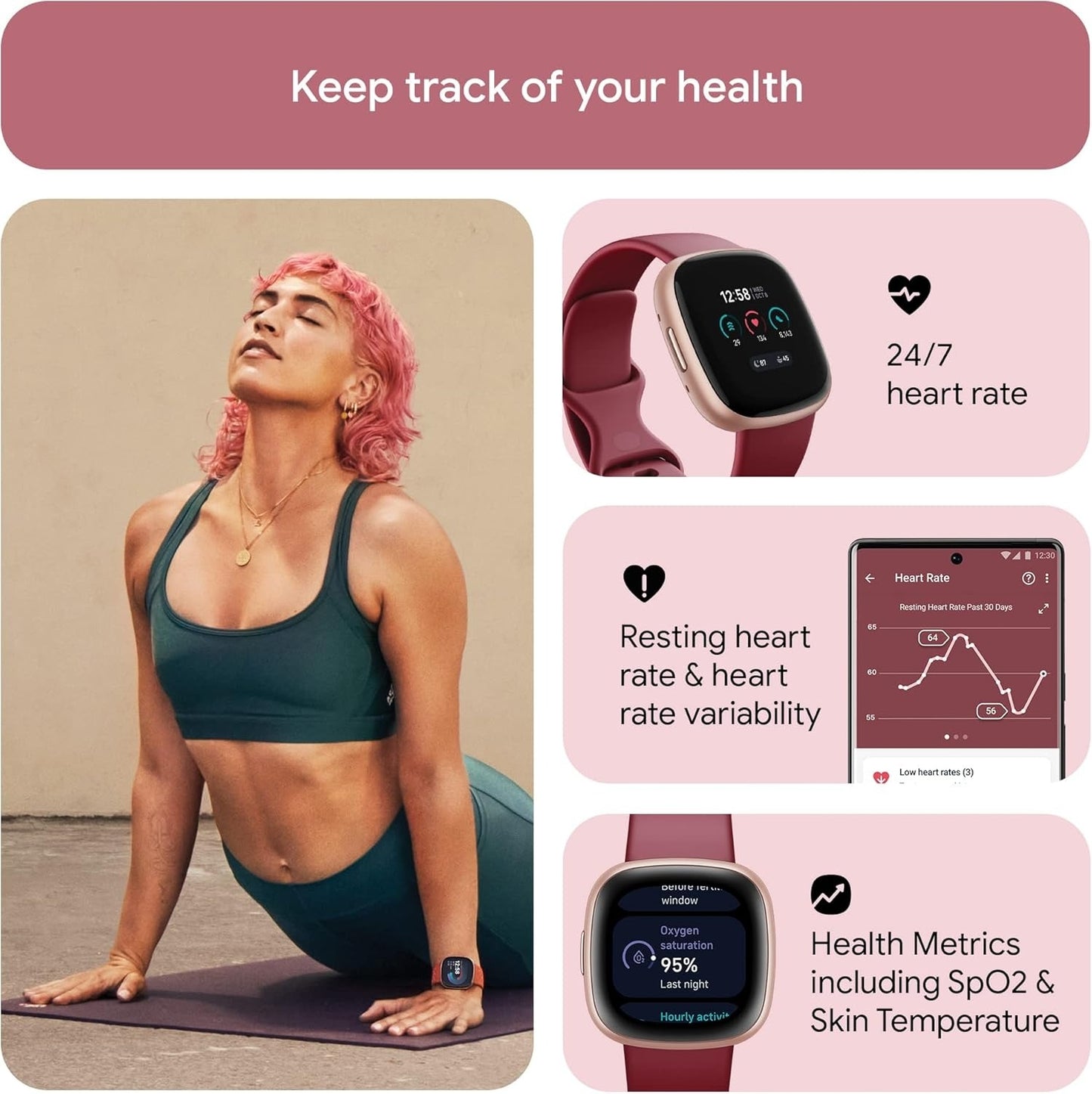 Fitbit Versa 4 Fitness Smartwatch Bundle - Beet Juice/Copper Rose FB523RGRDS