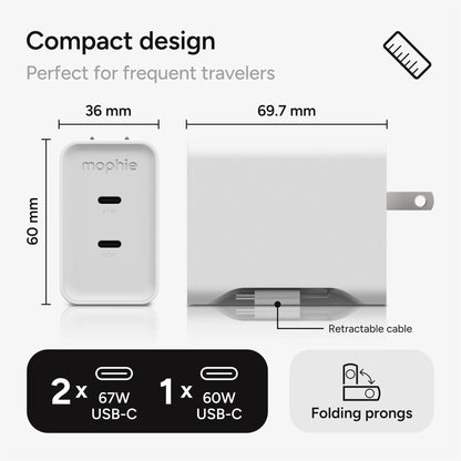 Mophie 67W GaN USB-C PD Wall Charger Bundle with 2M USB-C to USB-C Cable 409914480
