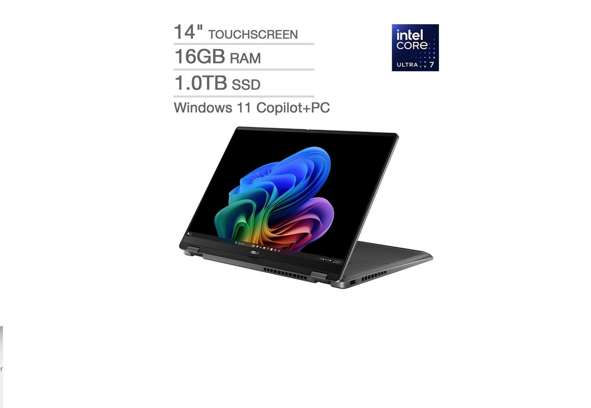 ASUS Vivobook Flip 14" OLED Touchscreen Copilot+ PC, Intel Core Ultra 7 256V Series 2 Processor, Win 11, 16GB 1TB SSD TP3407SA-DS74T Matte Gray