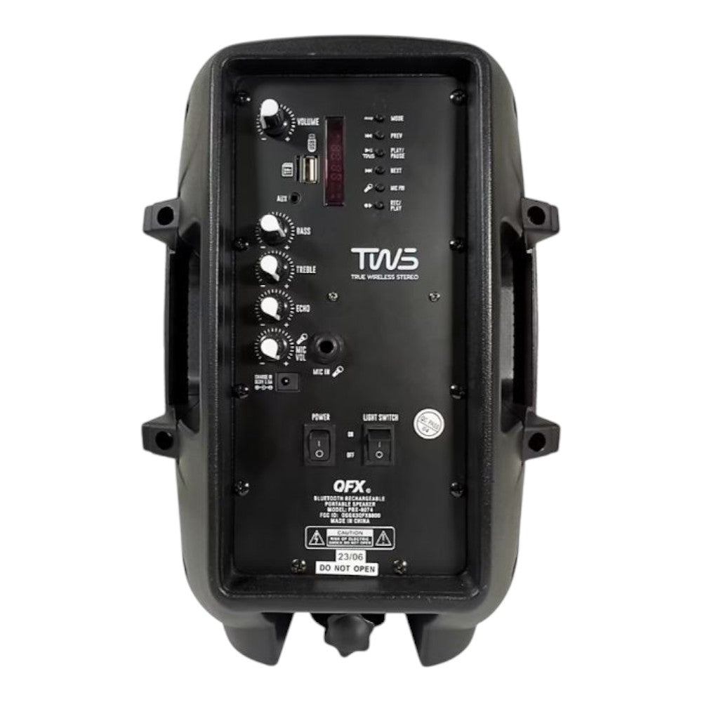 QFX LMS-8074 8" Portable Party Speaker with Liquid Motion Lights and Wired Microphone, 25Watts, Rechargeable battery, FM radio