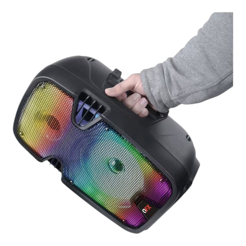 QFX LMS-8074 8" Portable Party Speaker with Liquid Motion Lights and Wired Microphone, 25Watts, Rechargeable battery, FM radio