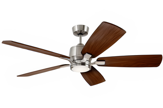 Luminance Kathy Ireland Home Ion Eco LED 60in Ceiling Fan with DC Motor | Hanging Fixture with Dimmable Light Kit, Wall Control, and Downrod Mount |  Brushed Steel  with Walnut Blades suitable for Damp Locations