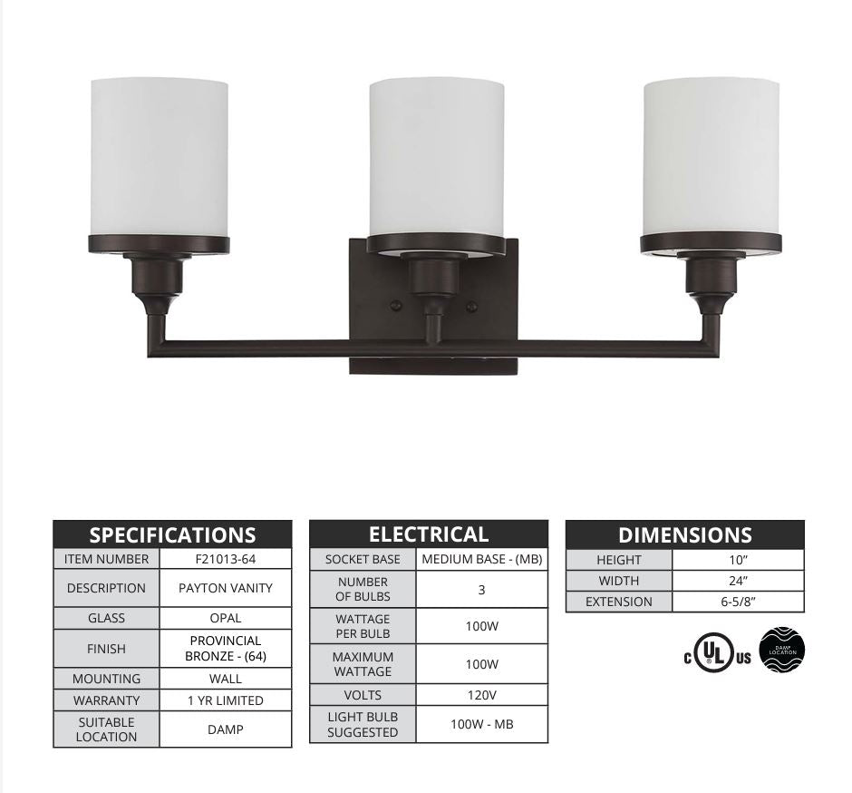 Sunset Lighting Three Light Payton Vanity Opal Glass Provincial Bronze