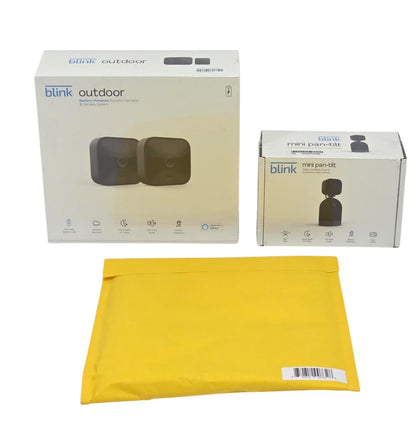 Blink 2pk Outdoor Cameras with Pan-Tilt Indoor Camera, Sync Module & Yard Sign