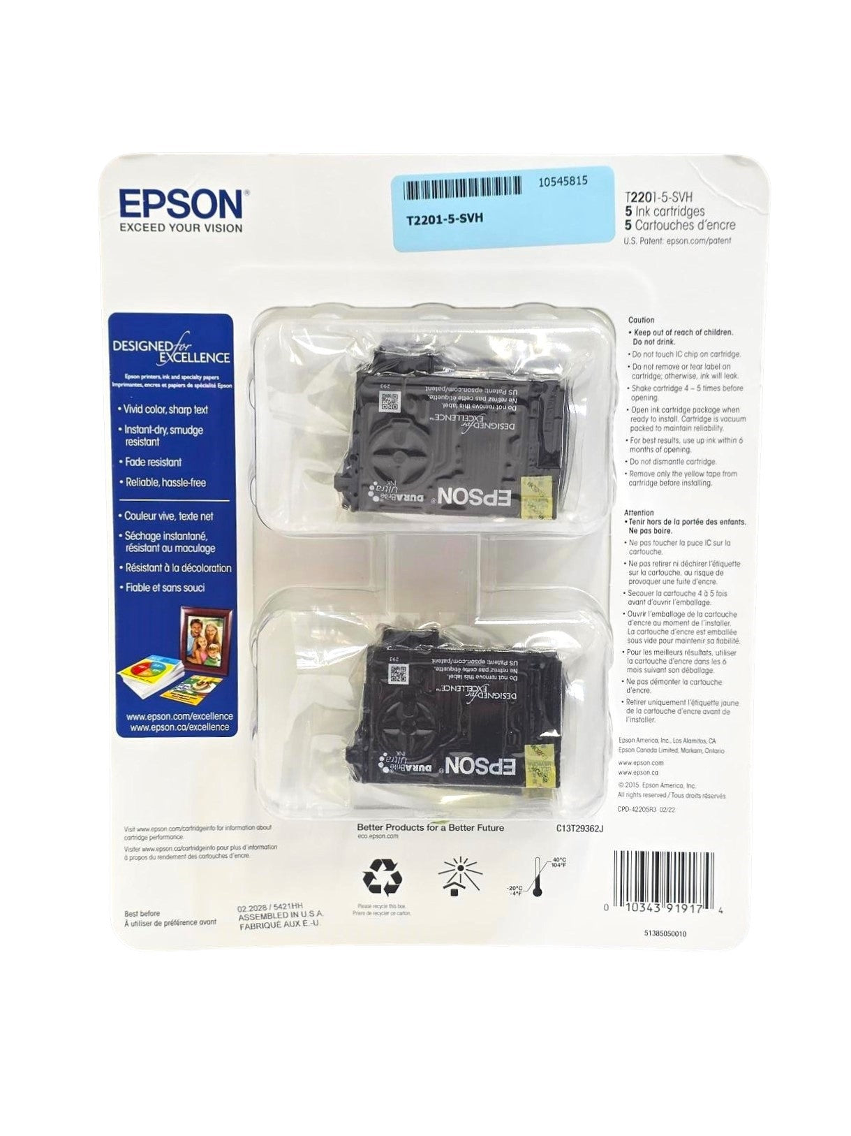 Epson 220 Ink Jet Cartridge 5-Color Pack: Black, Cyan, Magenta, & Yellow - OEM Genuine Ink - Expiration Date of 2028 -T2201-5-SVH