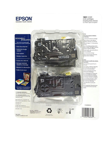 Epson 822 DURABrite Ultra Ink Standard Capacity Ink Cartridges (Black Cyan Magenta Yellow) OEM Genuine Ink - Expiration Date of 2027 - T8221-5-SVH