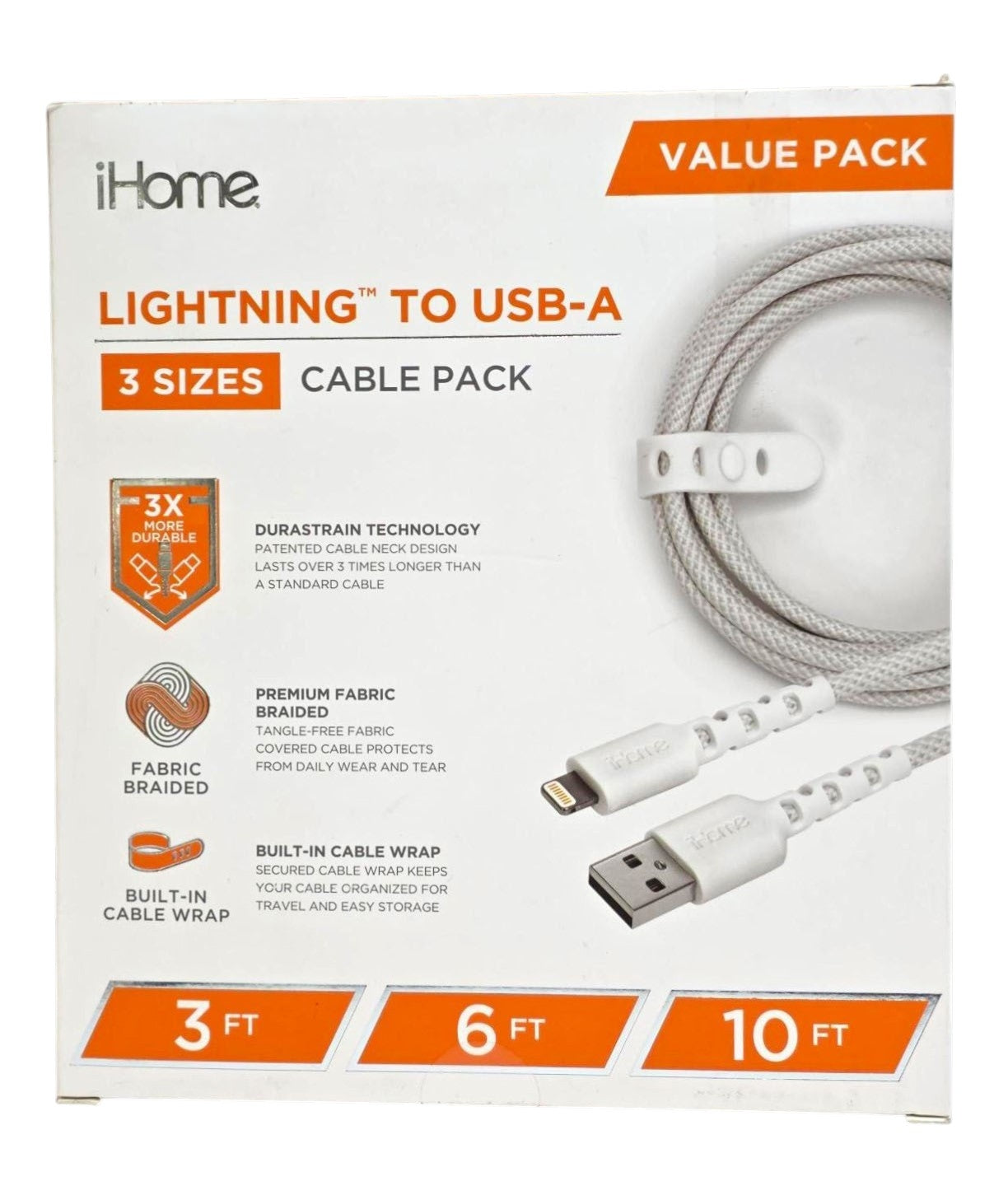 iHome TPE Durastrain Light-n-ing charging to USB-A Nylon Braided Charging Cable with Silicone Wrap, 3 pk 2IHLC2289W0L2
