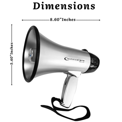 Technical Pro Portable 20W Megaphone Silver Black 300m Range with Siren and Strap