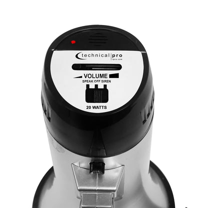 Technical Pro Portable 20W Megaphone Silver Black 300m Range with Siren and Strap