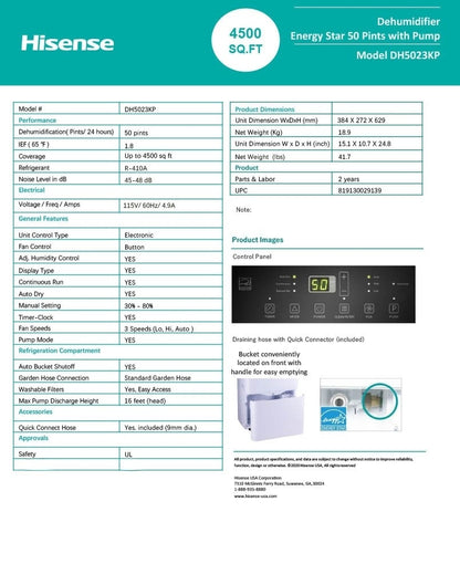 Hisense 50 Pint Dehumidifier 300 sq. ft Slide-out Bucket with Easy-carry Handle, 3 Speeds (Lo, Hi, Auto), Up to 4500 sq ft., Auto shut-off, Quiet 48 dB, 115v, - DH5023KP