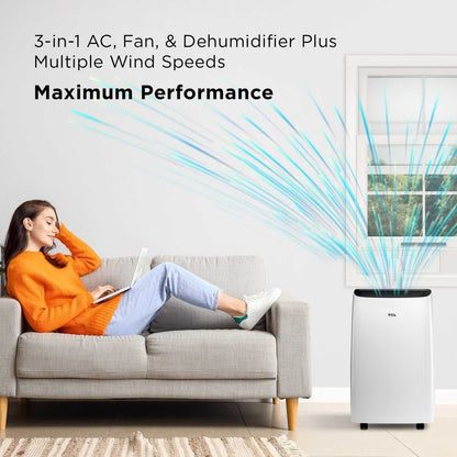 TCL H10P36W 10,000 SACC BTU (ASHRAE 14,000 BTU) Smart Portable Air Conditioner, Fan & Dehumidifier, 450 Sq. Ft, 3-Speeds, Remote Control
